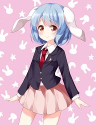 Rule 34 | 1girl, animal ears, arms at sides, cowboy shot, crescent, crescent pin, hair between eyes, highres, jacket, long sleeves, looking at viewer, loose necktie, necktie, open hands, pink skirt, pleated skirt, purple background, rabbit background, rabbit ears, red eyes, red necktie, reisen, ruu (tksymkw), short hair, skirt, smile, solo, standing, star (symbol), starry background, suit jacket, touhou, wing collar