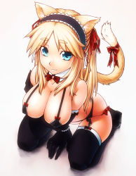 Rule 34 | 1girl, animal ears, bare shoulders, black bra, black panties, black thighhighs, blonde hair, blue eyes, bow, bowtie, bra, breasts, cat ears, cat tail, cleavage, detached collar, gloves, large breasts, long hair, maid headdress, mimosa211, original, panties, ribbon, smile, solo, tail, tail ornament, tail ribbon, thighhighs, twintails, underwear