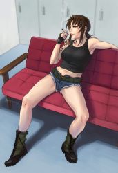 Rule 34 | 1girl, ankle boots, arm tattoo, azasuke, bare legs, belt, between fingers, black gloves, black lagoon, black shirt, blouse, blue shorts, boots, breasts, brown eyes, brown hair, cigarette, collarbone, couch, cross-laced footwear, cutoffs, denim, denim shorts, fingerless gloves, full body, gloves, green footwear, highres, holding, holding cigarette, indoors, lace-up boots, large breasts, legs, locker, locker room, long hair, looking away, low ponytail, midriff, navel, on couch, open fly, outstretched arm, parted lips, ponytail, revy (black lagoon), shadow, shirt, short shorts, shorts, shoulder tattoo, sidelocks, sitting, sleeveless, smile, smoke, smoking, solo, spread legs, stomach, tank top, tattoo, tomboy, tribal tattoo, twitter username, unbuttoned, wall