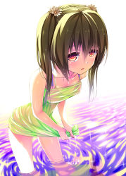 Rule 34 | 1girl, bare shoulders, bikini, bikini under clothes, blush, bra, brown hair, dress, halterneck, leaning forward, original, panties, partially submerged, peragura, red eyes, see-through, side-tie bikini bottom, solo, string bikini, sundress, swimsuit, swimsuit under clothes, twintails, underwear, water, wet, wet clothes, wringing clothes