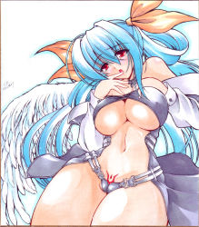 Rule 34 | 1girl, arc system works, blue hair, bow, breasts, c.r., dizzy (guilty gear), guilty gear, hair bow, large breasts, long hair, marker (medium), midriff, millipen (medium), navel, red eyes, ribbon, shikishi, solo, tattoo, tears, traditional media, underboob, wings