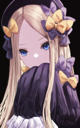 Rule 34 | 1girl, abigail williams (fate), absurdres, black bow, black dress, black hat, blonde hair, blue eyes, bow, breasts, covering own mouth, dress, fate/grand order, fate (series), forehead, hair bow, hat, highres, long hair, long sleeves, looking at viewer, multiple hair bows, orange bow, parted bangs, ribbed dress, sleeves past fingers, sleeves past wrists, small breasts, solo, yagi (yagi5art)