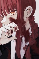 Rule 34 | 1girl, black jacket, black necktie, blood, blood on clothes, blood on face, blood on hands, braid, braided ponytail, chainsaw man, collared shirt, covering own mouth, formal, grey background, highres, jacket, looking at viewer, makima (chainsaw man), medium hair, necktie, red hair, ringed eyes, shirt, sidelocks, simple background, solo, suit, white shirt, woruworu 61, yellow eyes