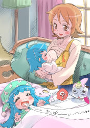 Rule 34 | 10s, 2girls, blue hair, blush, bow, breastfeeding, breast sucking, breasts, brown hair, dreaming, happinesscharge precure!, highres, imagining, isedaichi ken, large breasts, long hair, multiple girls, nipples, oomori yuuko, open mouth, pink bow, precure, ribbon (happinesscharge precure!), shirayuki hime, smile, surprised, translation request, wide-eyed, yuri