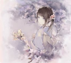 Rule 34 | 1girl, absurdres, animal, bird, blue kimono, branch, brown flower, brown hair, closed mouth, commentary request, flower, grey eyes, hair flower, hair ornament, hanagin, highres, japanese clothes, kimono, long hair, long sleeves, original, side ponytail, sidelocks, solo, upper body, white flower, wide sleeves