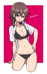 Rule 34 | 1girl, :q, alice gear aegis, black bra, black panties, blue eyes, blush, bra, breasts, brown hair, cleavage, commentary request, hair between eyes, hand on own hip, highres, kurogane yuuto, looking at viewer, medium breasts, open clothes, open shirt, panties, red background, shirt, short hair, solo, standing, thighs, toba kuti, tongue, tongue out, twitter username, two-tone background, underwear, white background, white shirt