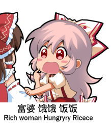 Rule 34 | 2girls, bilingual, blush stickers, bow, brown hair, chibi, chinese commentary, chinese text, commentary request, detached sleeves, english text, engrish text, from behind, fujiwara no mokou, hair between eyes, hair bow, hair tubes, hakurei reimu, jokanhiyou, long hair, meme, mixed-language text, multiple girls, nontraditional miko, open mouth, pointing, pointing at self, ranguage, red eyes, short sleeves, suspenders, touhou, translation request, very long hair, white background