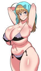 Rule 34 | 1girl, ahoge, armpits, arms behind head, arms up, bikini, black bikini, blue eyes, blush, body blush, breasts, brown hair, bursting breasts, cleavage, commentary request, covered erect nipples, huge ahoge, huge breasts, komusou (jinrikisha), long hair, navel, ooba minori, original, simple background, skindentation, solo, swimsuit, thick thighs, thighs, towel, towel on head, white background