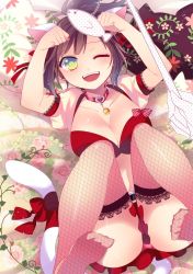 Rule 34 | 10s, 1girl, ;d, animal ears, breasts, brown hair, cat ears, cat tail, cleavage, collar, fang, fishnet thighhighs, fishnets, green eyes, idolmaster, idolmaster cinderella girls, maekawa miku, one eye closed, open mouth, short hair, skirt, smile, solo, tail, thighhighs, wemu (ivycrown)