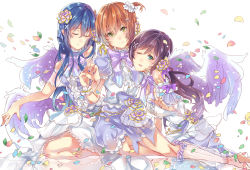 Rule 34 | 3girls, blue hair, closed mouth, dress, closed eyes, flower, green eyes, hair between eyes, hair flower, hair ornament, highres, hoshizora rin, lily white (love live!), long hair, looking at viewer, love live!, love live! school idol festival, love live! school idol project, multiple girls, nail polish, one side up, open mouth, orange hair, petals, purple hair, short hair, simple background, sitting, smile, sonoda umi, takitou, tojo nozomi, white background, white dress, wings, yellow eyes