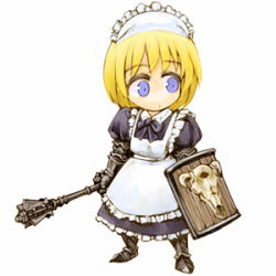 Rule 34 | 1girl, armor, armored boots, blonde hair, blue eyes, boots, cervus, lowres, mace, maid, maid headdress, original, shield, short hair, simple background, skull, solo, weapon
