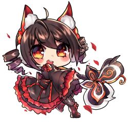 Rule 34 | 1girl, :d, absurdres, animal ear fluff, animal ears, blade &amp; soul, blush, boots, brown eyes, brown hair, chibi, dress, drill hair, fox ears, frilled dress, frills, full body, grey pantyhose, highres, holding, holding weapon, long sleeves, looking at viewer, open mouth, osiimi, pantyhose, round teeth, smile, solo, symbol in eye, teeth, transparent background, weapon, wide sleeves