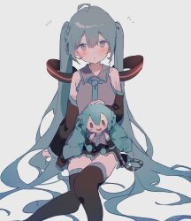 Rule 34 | :o, aqua hair, black skirt, blush stickers, character doll, hatsune miku, highres, long hair, necktie, on floor, open mouth, otintin, simple background, skirt, vocaloid, white background