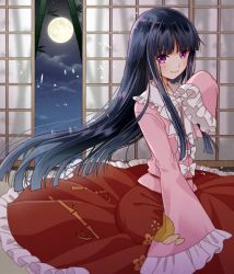 Rule 34 | 1girl, bamboo, bamboo print, black hair, blunt bangs, blush, bow, closed mouth, cloud, cloudy sky, commentary, floating hair, frilled skirt, frilled sleeves, frills, full body, full moon, houraisan kaguya, indoors, long hair, long skirt, long sleeves, looking at viewer, moon, moonlight, night, night sky, okawa friend, open door, pink shirt, purple eyes, red skirt, shirt, sitting, skirt, sky, sleeves past fingers, sleeves past wrists, sliding doors, smile, solo, straight hair, touhou, white bow