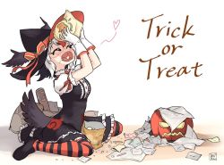 Rule 34 | 1girl, alternate costume, atlantic puffin (kemono friends), bird tail, bird wings, black dress, black thighhighs, blush, bow, bowtie, chips (food), closed eyes, commentary request, dress, eating, food, frilled dress, frills, gloves, halloween costume, hat, hat bow, head wings, jack-o&#039;-lantern, japari symbol, kemono friends, kemono friends 3, melaton, open mouth, orange bow, orange bowtie, orange thighhighs, potato chips, puffy short sleeves, puffy sleeves, shirt, short sleeves, sitting, solo, striped clothes, striped thighhighs, tail, thighhighs, trick or treat, wariza, white gloves, white shirt, white sleeves, wings, witch, witch hat