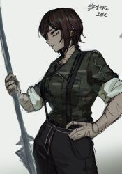 Rule 34 | 1girl, black pants, breasts, brown hair, camouflage, camouflage shirt, chanil (muexlku), cowboy shot, earrings, green shirt, harpoon, highres, holding, holding weapon, jewelry, large breasts, limbus company, long sleeves, orange eyes, outis (project moon), pants, parted lips, project moon, shirt, short hair, simple background, sleeves rolled up, solo, suspenders, weapon, white background