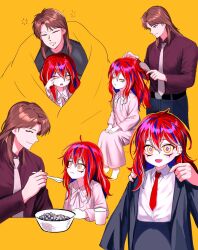 Rule 34 | 1boy, 1girl, ahoge, black jacket, black skirt, blazer, blue hair, brown hair, cereal, child, closed mouth, collared shirt, commentary, extra eyes, fang, feeding, formal, grey necktie, hair between eyes, highres, holding, holding spoon, ichijou seiya, jacket, kaiji, long bangs, long hair, long sleeves, medium bangs, multicolored hair, necktie, open mouth, pajamas, personification, red hair, red necktie, red shirt, shirt, simple background, skirt, smile, spoon, streaked hair, suit, symbol-only commentary, the bog (kaiji), upper body, white hair, yellow background, yellow eyes, yologyeolseogchung-gyeogpaswaeseogsul