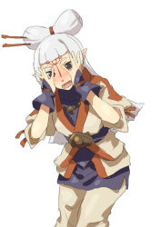 Rule 34 | 1girl, blush, brown eyes, covering face, embarrassed, facial mark, forehead mark, hair ornament, hair stick, long hair, looking at viewer, mdf an, nintendo, paya (zelda), peeking through fingers, pointy ears, sheikah, sidelocks, simple background, solo, the legend of zelda, the legend of zelda: breath of the wild, wavy mouth, white background, white hair, wrist cuffs
