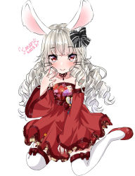 Rule 34 | 1girl, animal ears, artist name, bow, brown hair, curly hair, detached sleeves, dress, elin, floral print, hair bow, hand to own mouth, highres, kaname warabi, long hair, print dress, rabbit ears, red dress, red eyes, red footwear, ribbon, sash, shoes, short dress, simple background, sitting, solo, strapless, strapless dress, tera online, thighhighs, whiskers, white background, white thighhighs