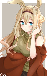 Rule 34 | 1girl, animal ear fluff, animal ears, bare shoulders, black hairband, black skirt, blonde hair, blue eyes, breasts, brown sweater, character request, commentary request, double bun, enkichi totan, fringe trim, grey background, hair between eyes, hair bun, hair intakes, hairband, hand up, highres, long hair, looking at viewer, medium breasts, megido72, rabbit ears, ribbed sweater, skirt, sleeveless, sleeveless turtleneck, solo, sweater, turtleneck, two-tone background, white background