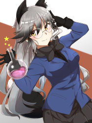 Rule 34 | 10s, 1girl, adjusting eyewear, animal ears, black gloves, black neckwear, black skirt, blue jacket, blush, bow, bowtie, breast pocket, buttons, extra ears, flask, fox ears, fox tail, fur trim, glasses, gloves, highres, jacket, kagari liroi, kemono friends, long hair, long sleeves, looking at viewer, necktie, pleated skirt, pocket, round-bottom flask, round eyewear, silver fox (kemono friends), silver hair, skirt, smile, solo, star (symbol), tail, two-tone background, very long hair, yellow eyes