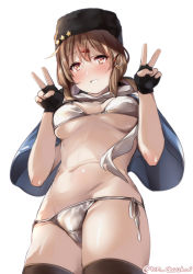 Rule 34 | 1girl, bad id, bad pixiv id, bikini, black hat, black thighhighs, blue shawl, breasts, brown eyes, brown hair, commentary request, cowboy shot, double v, from below, fur hat, hair between eyes, hat, juurouta, kantai collection, large breasts, long hair, looking at viewer, low twintails, lowleg, lowleg bikini, open mouth, papakha, scarf, shawl, simple background, solo, standing, swimsuit, tashkent (kancolle), thighhighs, twintails, v, white background, white bikini, white scarf