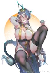 Rule 34 | 1girl, anklet, areola slip, armpits, artist name, bare arms, bare shoulders, black thighhighs, blue dress, blue eyes, blue hair, blue horns, blue nails, blush, bottle, breasts, breath, choko (cup), commentary, commentary request, copyright notice, cup, dated commentary, dragon girl, dragon horns, dragon print, dragon tail, dress, english commentary, fang, feet, fingernails, foot out of frame, half-closed eyes, hand in own hair, highres, holding, holding cup, holding with tail, horn ornament, horns, jewelry, knee up, large breasts, legs, long fingernails, long hair, long toenails, looking at viewer, mixed-language commentary, mole, mole on thigh, mole under mouth, nail polish, no shoes, on table, original, parted lips, pelvic curtain, pointy ears, prehensile tail, revealing clothes, revision, sake bottle, scales, sitting, sleeveless, sleeveless dress, stirrup legwear, suerte, table, tail, thighhighs, toeless legwear, toenail polish, toenails, toes, very long hair, white background