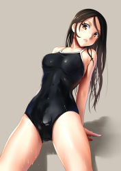 Rule 34 | 1girl, arm support, black one-piece swimsuit, blush, breasts, brown eyes, brown hair, competition school swimsuit, katahira masashi, long hair, looking at viewer, medium breasts, one-piece swimsuit, original, school swimsuit, simple background, solo, swimsuit, water, wet