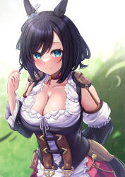 Rule 34 | 1girl, absurdres, animal ears, apron, black hair, black sleeves, blue eyes, blurry, blurry background, blush, breasts, cleavage, closed mouth, collarbone, commentary request, depth of field, detached sleeves, eishin flash (umamusume), frilled apron, frills, hair between eyes, hand up, highres, horse ears, layered sleeves, long sleeves, looking at viewer, medium breasts, neko punch (user hddm3373), parted bangs, puffy short sleeves, puffy sleeves, red skirt, shirt, short over long sleeves, short sleeves, skirt, smile, solo, umamusume, waist apron, white apron, white shirt, white sleeves