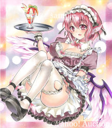 Rule 34 | 1girl, alternate costume, apron, artist name, at classics, bird wings, black footwear, blush, bow, bowtie, breasts, cleavage, covered erect nipples, detached collar, earrings, enmaided, frilled apron, frills, full body, glasses, hair between eyes, holding, holding tray, jewelry, looking at viewer, maid, maid headdress, medium breasts, mystia lorelei, nail polish, open mouth, panties, parfait, pink bow, pink bowtie, pink eyes, pink hair, puffy short sleeves, puffy sleeves, sample watermark, shoes, short hair, short sleeves, side-tie panties, solo, thighhighs, touhou, traditional media, tray, underwear, waist apron, watermark, white apron, white panties, white thighhighs, wings, wristband