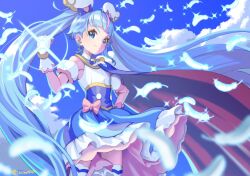 Rule 34 | 1girl, artist name, blue dress, blue eyes, blue hair, clenched hand, cloud, commentary, cure sky, dress, earrings, english commentary, eyelashes, fingerless gloves, gloves, gradient hair, hair ornament, happy, hirogaru sky! precure, jewelry, long hair, looking at viewer, magical girl, multicolored hair, pink hair, precure, shrimp1634, sky, smile, solo, sora harewataru, standing, streaked hair, thighhighs, thighs, twintails, twitter username, two-tone hair, very long hair, white gloves