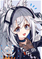 Rule 34 | 1girl, absurdres, animal ear fluff, animal ears, arknights, armor, black gloves, black jacket, brown shirt, gloves, grani (arknights), grey hair, hand up, highres, horse ears, horse girl, infection monitor (arknights), jacket, long hair, looking at viewer, notice lines, open mouth, pauldrons, purple eyes, shirt, shoulder armor, sidelocks, solo, two-tone gloves, user xtkk5454, visor (armor), visor lift, white gloves