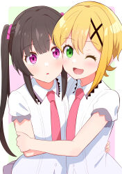 2girls :o ;d absurdres akatsuki_kirika black_hair blonde_hair blunt_bangs blush gmkz_kawaii green_eyes hair_ornament hairband hand_on_another&#039;s_arm hand_on_another&#039;s_hip highres hug long_hair looking_at_viewer lydian_academy_school_uniform multiple_girls necktie one_eye_closed open_mouth pink_hairband purple_eyes red_necktie school_uniform senki_zesshou_symphogear short_hair simple_background smile tsukuyomi_shirabe twintails upper_body white_background x_hair_ornament