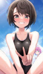 Rule 34 | 2girls, absurdres, ahoge, aqua eyes, arm between legs, bare shoulders, black one-piece swimsuit, blush, breasts, brown hair, cleavage, collarbone, competition swimsuit, from below, green eyes, grin, highres, himemori luna, hololive, indian style, lens flare, looking at viewer, multiple girls, one-piece swimsuit, oozora subaru, pink hair, short hair, sitting, sky, smile, solo focus, suicabar72, swimsuit, v, virtual youtuber