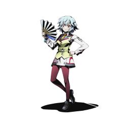 Rule 34 | 10s, 1girl, alpha transparency, black footwear, blue hair, divine gate, full body, hand fan, hand on own hip, holding, holding fan, infinite stratos, necktie, official art, pantyhose, red eyes, red pantyhose, sarashiki tatenashi, shoes, short hair, solo, transparent background, ucmm, uniform, yellow necktie