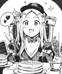 Rule 34 | abigail williams (fate), black dress, black headwear, blush, blush stickers, bow, breasts, butter, chair, cup, dress, drooling, fate/grand order, fate (series), food, forehead, fork, fujimaru ritsuka (female), greyscale, hair bow, hat, heart, knife, long hair, long sleeves, mash kyrielight, monochrome, multiple hair bows, open mouth, pancake, pancake stack, parted bangs, plate, ribbed dress, sitting, sleeves past fingers, sleeves past wrists, small breasts, smile, sparkle, spoken heart, stuffed animal, stuffed toy, sumisu (mondo), teacup, teddy bear