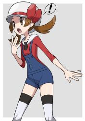 Rule 34 | !, 1girl, :o, blue overalls, border, bow, brown eyes, brown hair, cabbie hat, creatures (company), game freak, grey background, hand up, hat, hat bow, highres, long hair, lyra (pokemon), nintendo, open mouth, overalls, pokemon, pokemon hgss, red bow, red shirt, shirt, solo, spoken exclamation mark, thighhighs, tongue, twintails, white border, white hat, yoshi (moco1)