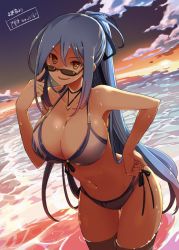 Rule 34 | 1girl, bikini, blue hair, blue sky, breasts, character request, cleavage, cowboy shot, eyewear on head, hair between eyes, hair ribbon, hakoniwa tsuka, hand on own hip, jewelry, large breasts, long hair, looking at viewer, multi-strapped bikini bottom, necklace, outdoors, ponytail, ribbon, side-tie bikini bottom, sidelocks, sky, smile, solo, sunglasses, sunset, swimsuit, very long hair, wading, wet, yellow eyes