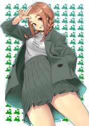 Rule 34 | 1girl, braid, breasts, brown eyes, brown hair, cowboy shot, flying witch, from below, green background, green jacket, green skirt, hand on own head, highres, ishiwatari nao, ishizuka chihiro, jacket, looking at viewer, medium breasts, medium hair, official art, parted bangs, pleated skirt, salute, shirt, shirt tucked in, skirt, smile, teeth, thighs, twin braids, white background, white shirt