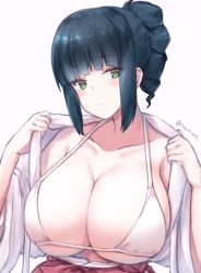 Rule 34 | 1girl, bikini, bikini top only, black hair, breasts, character request, cleavage, copyright request, eyes visible through hair, green eyes, highres, huge breasts, japanese clothes, kimono, kousi sirazawa, looking to the side, standing, swimsuit, undressing, watermark, white background, white bikini, white kimono