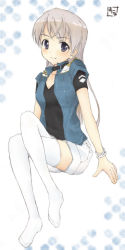 Rule 34 | 00s, 1girl, alternate costume, blue eyes, denim, denim jacket, eila ilmatar juutilainen, female focus, full body, hanyu, jacket, long hair, shorts, signature, silver hair, simple background, sitting, smile, solo, strike witches, thighhighs, white thighhighs, world witches series
