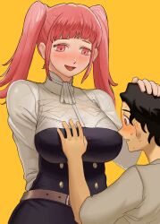 Rule 34 | 1boy, 1girl, black hair, cyril (fire emblem), fire emblem, fire emblem: three houses, garreg mach monastery uniform, headpat, highres, hilda valentine goneril, looking at breasts, matching hair/eyes, nintendo, pickles, pink eyes, pink hair, simple background, twintails, yellow background