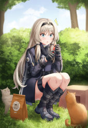 Rule 34 | 1girl, absurdres, an-94 (girls&#039; frontline), bag, black footwear, black gloves, black jacket, blue eyes, boots, bush, cat, ciao churu, day, girls&#039; frontline, gloves, gongbangmanchi (daisy cutter), highres, jacket, long hair, outdoors, paper bag, pet food, platinum blonde hair, solo, squatting, surprised, tactical clothes, thigh strap, tree
