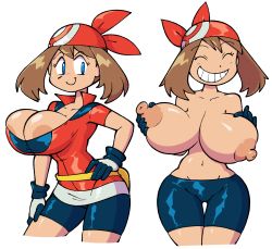 Rule 34 | 1girl, areola slip, bandana, bike shorts, blue eyes, breasts, brown hair, bursting breasts, cleavage, closed eyes, closed mouth, collarbone, cowboy shot, creatures (company), female focus, game freak, gloves, grin, hand on own hip, highres, huge breasts, may (pokemon), multiple views, navel, nintendo, nipples, no bra, pokemon, pokemon (anime), pokemon rse, short sleeves, sidelocks, simple background, smile, stealth brock, thigh gap, thighs, topless, undersized clothes, white background