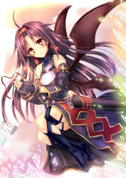 Rule 34 | 1girl, ahoge, armor, bare shoulders, blush, boots, breastplate, collarbone, commentary request, cross, cross necklace, detached sleeves, fingerless gloves, floating hair, gloves, hairband, headband, highres, jewelry, kaisu, long hair, looking at viewer, necklace, pointy ears, purple armor, purple hair, red eyes, red headband, sheath, sheathed, solo, sword, sword art online, thigh boots, thighhighs, thighs, weapon, wings, yuuki (sao)