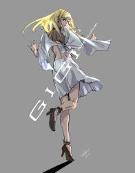 Rule 34 | 1girl, absurdres, black footwear, blonde hair, blue eyes, capelet, character name, dress, floating clothes, floating hair, from behind, gigi andalusia, grey background, gundam, gundam hathaway&#039;s flash, hair behind ear, high heels, highres, long hair, looking at viewer, looking back, open hands, shadow, solo, standing, standing on one leg, umeno ryuuji, white dress