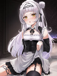 Rule 34 | 1girl, absurdres, alternate costume, apron, black corset, black garter straps, black ribbon, black thighhighs, blunt bangs, blush, breasts, corset, detached sleeves, enmaided, fang, frilled apron, frills, garter straps, grey hair, hair bun, hairband, highres, hololive, indoors, lace, lace-trimmed thighhighs, long hair, looking at viewer, maid, maid headdress, micon, murasaki shion, neck ribbon, on bed, open mouth, panties, ribbon, side-tie peek, single side bun, single thighhigh, sitting, skirt, small breasts, solo, thigh strap, thighhighs, underwear, virtual youtuber, waist apron, white apron, yellow eyes