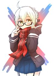 Rule 34 | 1girl, adjusting eyewear, ahoge, artoria pendragon (fate), brown eyes, checkered clothes, checkered scarf, coat, commentary request, covered mouth, cowboy shot, fate/grand order, fate (series), garter straps, glasses, highres, hood, hooded jacket, jacket, miniskirt, mysterious heroine x alter (fate), mysterious heroine x alter (first ascension) (fate), overcoat, pleated skirt, scarf, school uniform, serafuku, shiromanta, short hair, skirt, solo, standing, white hair