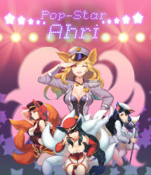 Rule 34 | 4girls, ;d, ahri (league of legends), alternate costume, alternate hair color, animal ears, bare shoulders, bell, black hair, blonde hair, braid, breasts, buttons, character name, cleavage, cosplay, dakun, detached sleeves, epaulettes, facial mark, fox ears, fox tail, foxfire ahri, generation ahri, girls&#039; generation, hand on own hip, hat, headset, heart, heart necklace, highres, idol, jacket, jewelry, jingle bell, k-pop, korean clothes, large breasts, league of legends, lights, long hair, long sleeves, looking at viewer, looking back, microphone, microphone stand, military, military uniform, multiple girls, multiple tails, naval uniform, necklace, one eye closed, open clothes, open jacket, open mouth, peaked cap, popstar ahri, profile, red hair, rope, salute, sidelocks, single braid, slit pupils, smile, star (symbol), tail, tassel, uniform, very long hair, whisker markings, yellow eyes, zipper