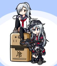 Rule 34 | 10s, 2girls, :&lt;, anchor symbol, asymmetrical bangs, black legwear, blue skirt, camouflage, camouflage jacket, closers, collared shirt, cosplay, costume switch, crossover, eyebrows, flat cap, gun, hair over one eye, hat, hibiki (kancolle), highres, holding, holding gun, holding weapon, jacket, kantai collection, kneeling, kriss super v, kriss vector, loafers, long hair, long sleeves, multiple girls, necktie, on one knee, open mouth, orange eyes, ponytail, raythalosm, red necktie, school uniform, serafuku, shirt, shoes, silver hair, simple background, sitting, skirt, spiked hair, submachine gun, thighhighs, tina (closers), weapon, white shirt